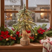 Article Plante artificielle enneigée, sapin de Noël LED en sac de jute, fonctionne sur piles, pour usage intérieur, 50 cm