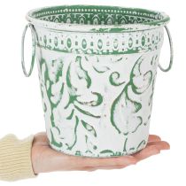 Article Pots en métal avec anses, cache-pots à décor en relief, blanc, vert, style shabby chic, H 20,5/18,5/16 cm, Ø 25,5/20,5/15,5 cm, lot de 3