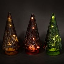 Article Mini sapin de Noël en verre avec LED rouge, vert et marron, 18 cm, lot de 3