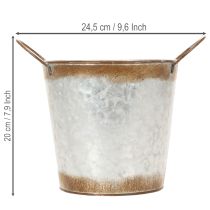 Article Jardinière en métal, coupe à fleurs, pot de fleurs avec poignées argentées, finition acier patiné, Ø18cm H20cm