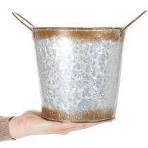 Article Jardinière en métal, coupe à fleurs, pot de fleurs avec poignées argentées, finition acier patiné, Ø18cm H20cm