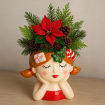 Article Tête de plante en céramique fille jardinière décorative Noël H17cm