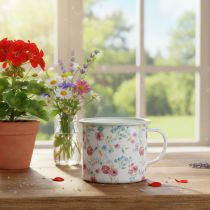 Article Pot décoratif en émail blanc avec anse, motif roses, Ø 9,5 cm