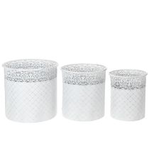 Article Pot de fleurs à motif dentelle, récipient en métal, seau décoratif, blanc, argenté, style shabby chic, H 28/25,5/23,5 cm, Ø 29,5/25,5/20 cm, lot de 3