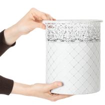 Article Pot de fleurs à motif dentelle, récipient en métal, seau décoratif, blanc, argenté, style shabby chic, H 28/25,5/23,5 cm, Ø 29,5/25,5/20 cm, lot de 3