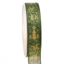 Article Ruban de Noël bord fil renne vert doré L25mm L18m
