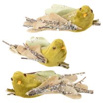 Article Décoration de Noël oiseau sur clip vert, paillettes 12cm 6pcs assortis
