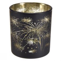 Article Lanterne élégante en verre avec motif de feux d&#39;artifice – Noir et doré, 9 cm – Décoration idéale pour les occasions festives – Lot de 6