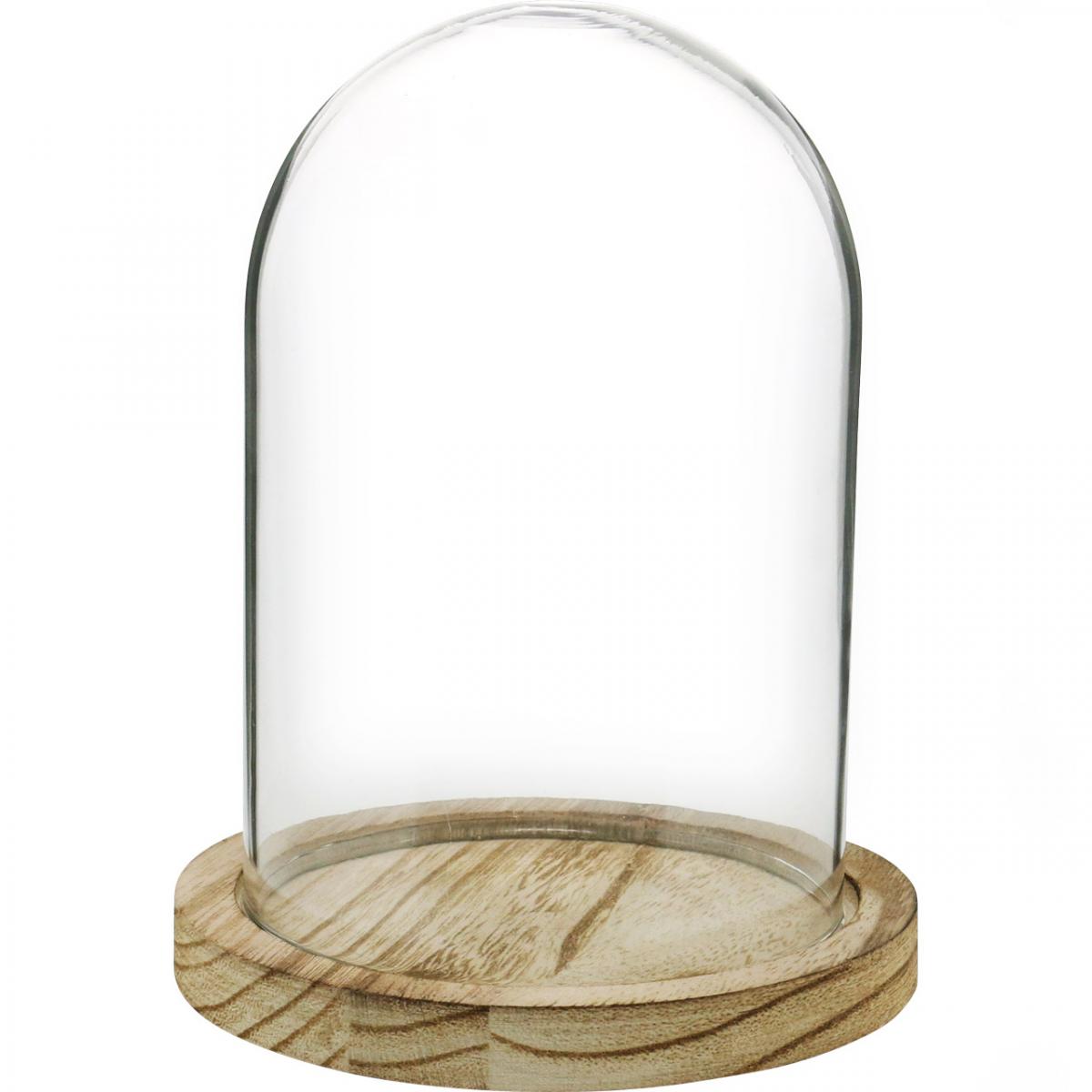 Cloche en verre avec plateau en bois, 15 cm de diamètre, Verre