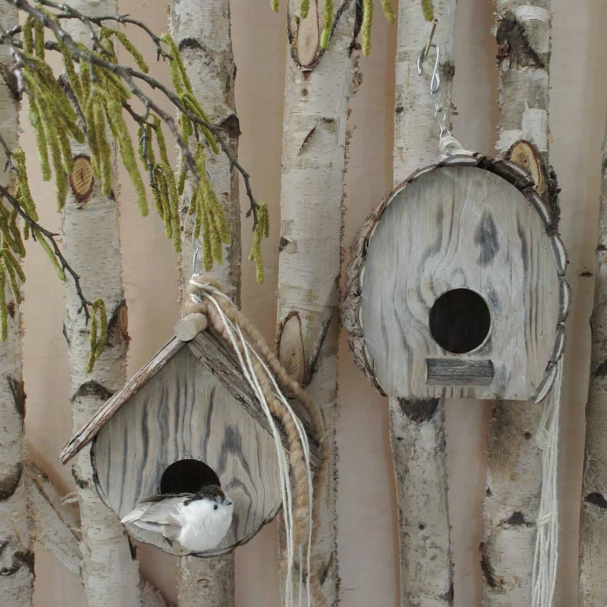 Maison d&#39;oiseau en bois nichoir décoratif décoration de jardin blanc naturel lavé H22cm W21cm