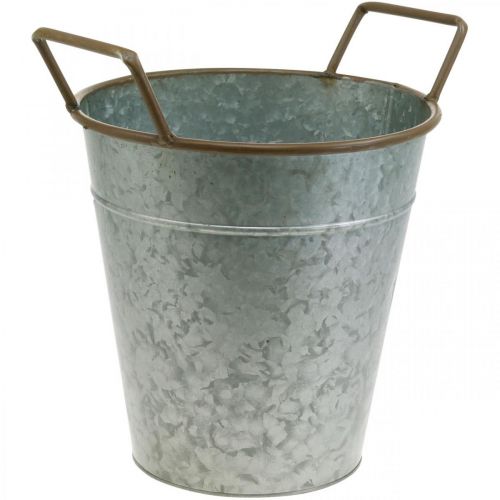 Floristik24 Pot métal à planter, jardinière avec anses, cache pot argent, marron Ø21cm H30.5cm