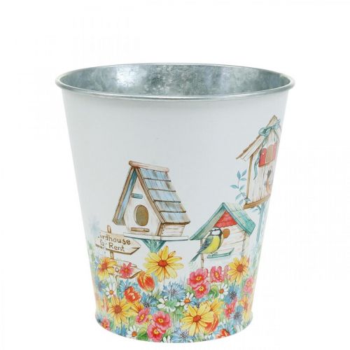 Article Pot en métal avec motif, jardinière avec nichoirs, seau en étain H13cm Ø11.5cm