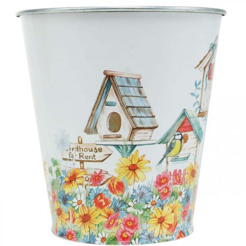 Article Pot en métal avec motif, jardinière avec nichoirs, seau en étain H13cm Ø11.5cm