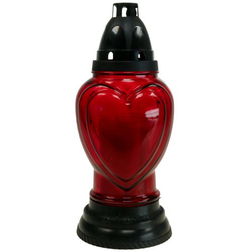 Floristik24 Lampe funéraire en verre gravé coeur lanterne funéraire rouge Ø11cm H26cm