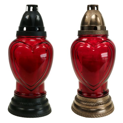 Floristik24 Lampe funéraire en verre gravé coeur lanterne funéraire rouge Ø11cm H26cm