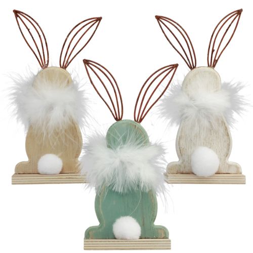 Floristik24 Lapin décoratif lapins en bois avec plumes décoration de Pâques H17,5cm 3pcs