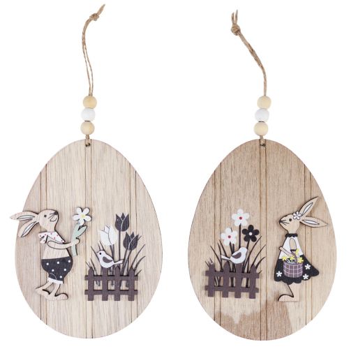 Floristik24 Oeufs de Pâques à suspendre oeuf en bois avec lapin blanc naturel 10cm 6pcs