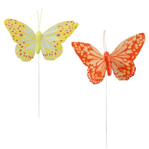 Floristik24 Papillons décoratifs sur plumes en fil orange jaune 7×11cm 12 pcs
