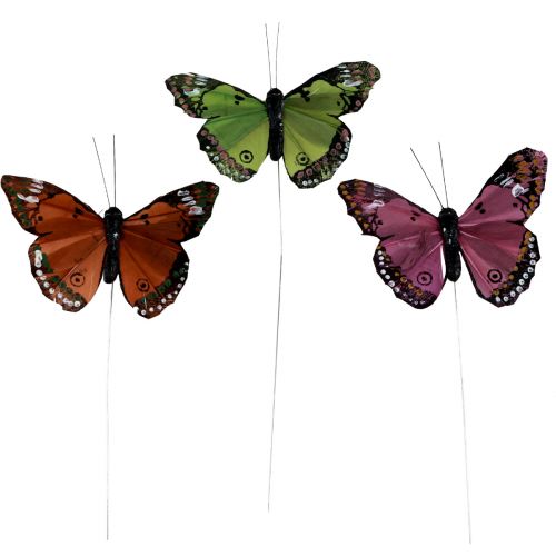 Floristik24 Papillons décoratifs sur plumes en fil vert rose orange 6,5×10cm 12pcs