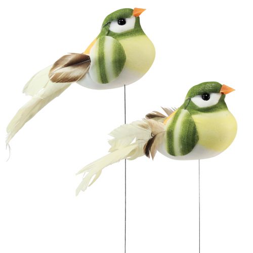 Floristik24 Oiseau en plumes sur fil oiseau décoratif avec plumes vert orange 4cm 12pcs