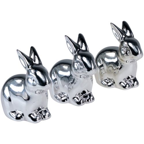 Floristik24 Lapin Argent Assis Céramique Aspect Métal 8.5cm 3pcs