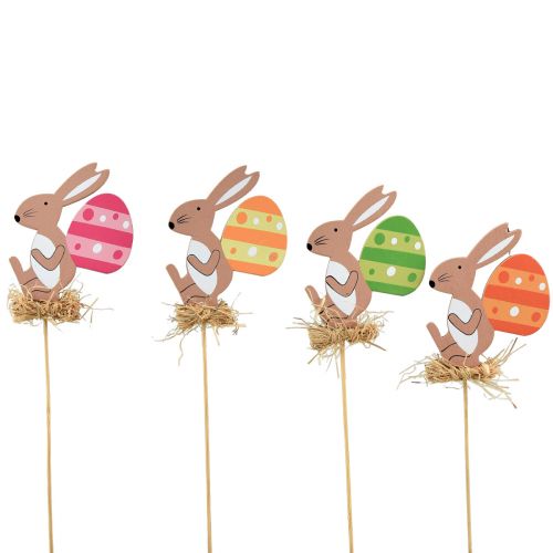 Floristik24 Bouchon à fleurs en bois lapin de Pâques avec œuf coloré 9,5 cm 12 pcs