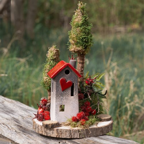 Floristik24 Lanterne de maison en céramique avec toit rouge et fenêtre coeur - 17,5 cm 2 pcs