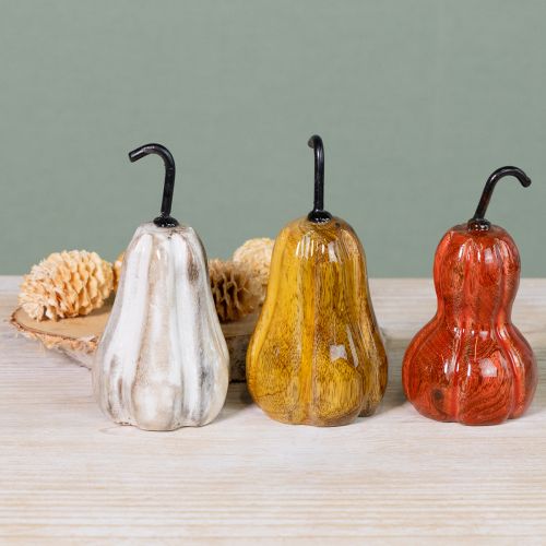 Article Poire en bois, décoration automnale rouge, jaune et blanche, 12 x 6 cm, 3 pièces