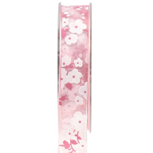 Floristik24 Ruban organza rose avec fleurs ruban cadeau 20mm 20m