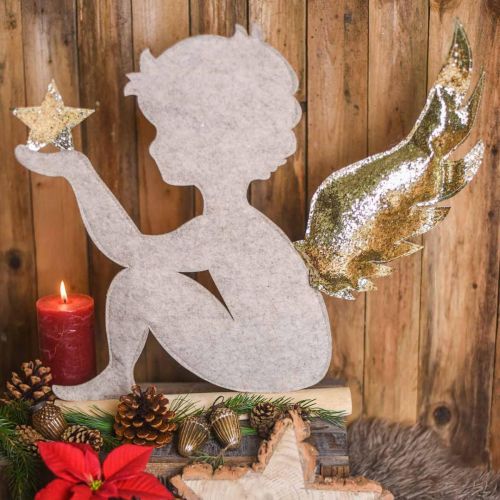 Floristik24 Support d'ange de Noël sur tronc de bouleau feutre crème, doré H46cm