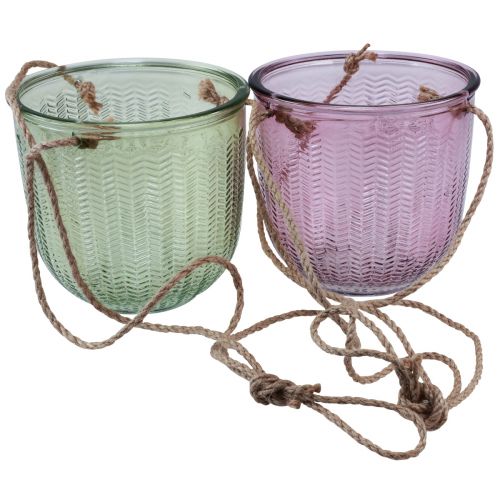 Article Pot de fleur lanterne en verre à suspendre violet vert 14cm 2pcs