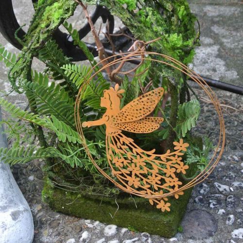 Article Pendentif elfe fleuri, décoration printanière, anneau décoratif avec fée, patine Ø17cm 3pcs