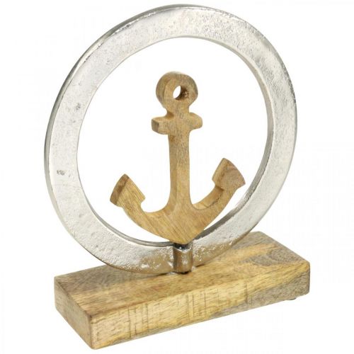Floristik24 Décoration maritime, ancre en bois dans l&#39;anneau, sculpture, décoration estivale nautique argent, couleurs naturelles H19,5cm