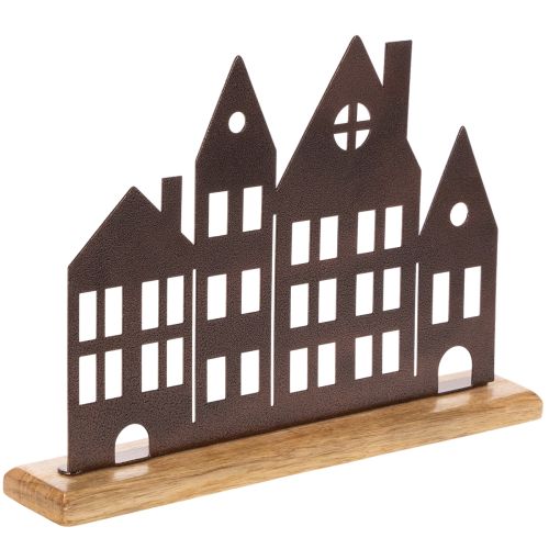 Décoration de rangée de maisons, en métal avec base en bois, 30 cm