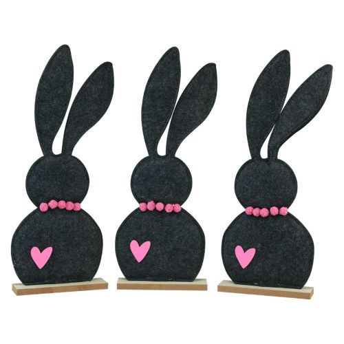 Décoration de table lapin de Pâques feutre noir avec coeur 45cm 3pcs