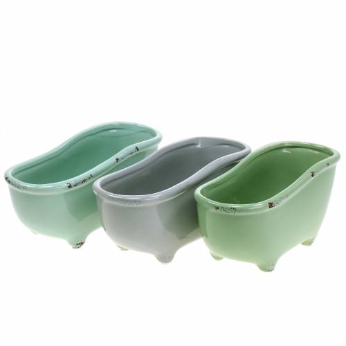 Floristik24 Baignoire décorative en céramique grise, verte triée 22cm x 10cm H10cm lot de 3