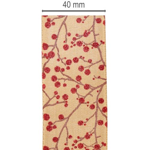 Branches décoratives en ruban avec baies rouges pailletées, 40 mm x 15 m | Floristik24.be