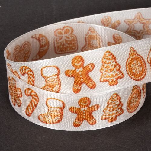 Ruban cadeau orné de figurines en pain d'épice. Ruban festif pour les cadeaux de Noël. 25 mm x 18 m. | Floristik24.be