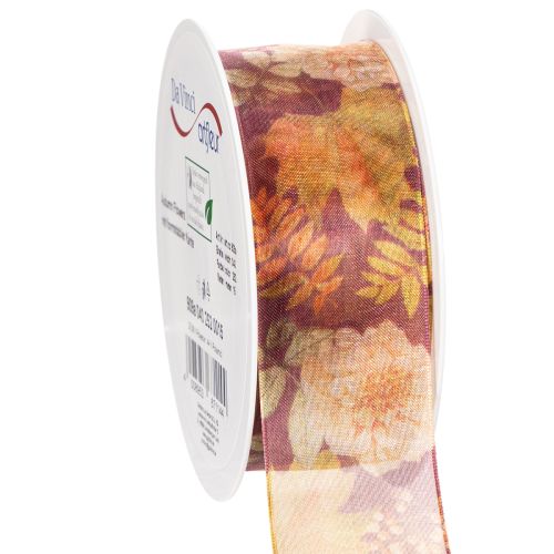 Ruban cadeau aux couleurs d'automne, ruban d'organza à motif floral, 40 mm, 15 m