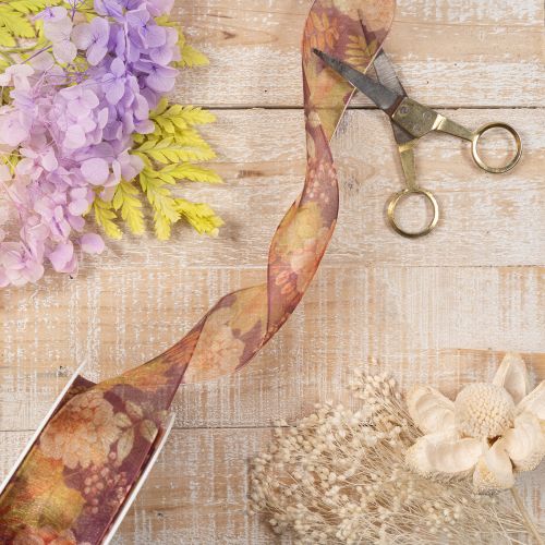 Ruban cadeau aux couleurs d'automne, ruban d'organza à motif floral, 40 mm, 15 m | Floristik24.be