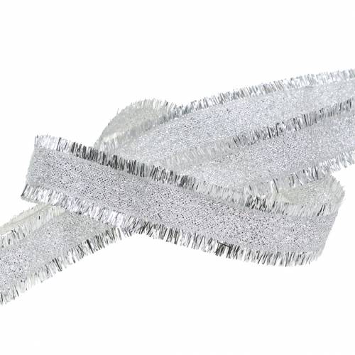 Floristik24 Ruban déco argent à franges 15mm 15m