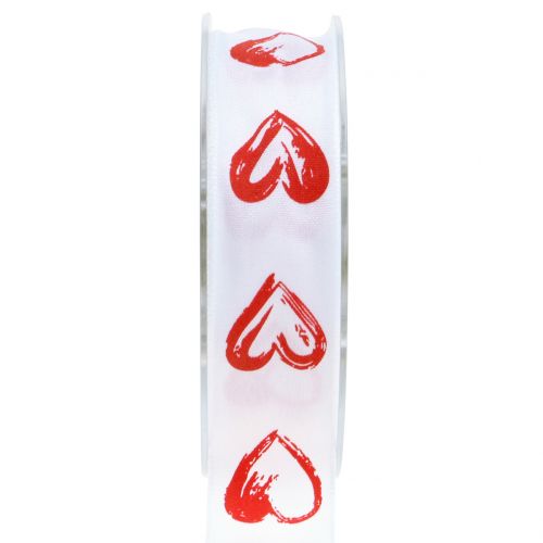 Floristik24 Ruban déco blanc avec coeurs rouges 25mm 15m