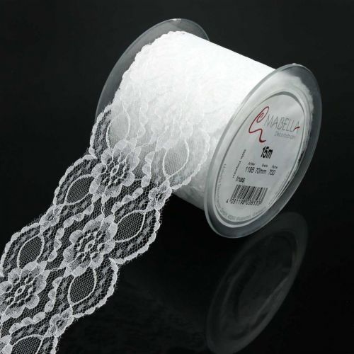 Ruban dentelle fleurie, chemin de table, décoration mariage, ruban bijoux blanc 70mm 15m