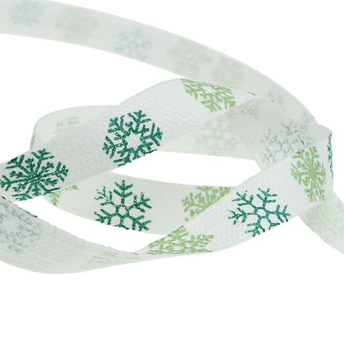 Floristik24 Ruban décoratif avec des flocons de neige blanc, vert 15mm 15m