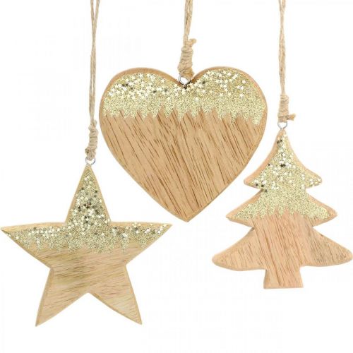 Floristik24 Décoration de Noël étoile / coeur / arbre, pendentif en bois, décoration de l&#39;Avent H10/12,5cm 3pcs