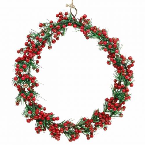 Floristik24 Couronne de baies artificielles vertes, rouges pailletées Ø18cm
