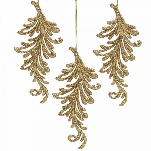 Pendentifs d&#39;arbre à paillettes, plumes décoratives à suspendre, décorations de Noël doré L16cm 6 pcs