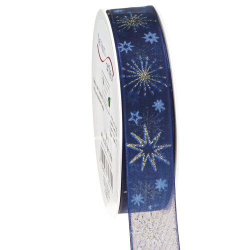 Article Ruban de Noël bleu avec étoiles dorées 25 mm 20 m