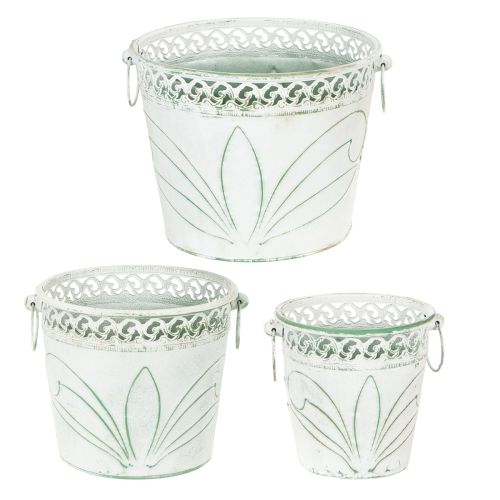 Article Pot de fleurs en métal gaufré avec poignées, blanc et vert, style shabby chic, H 22/19,5/17,5 cm, Ø 25,5/20,5/15,5 cm, lot de 3