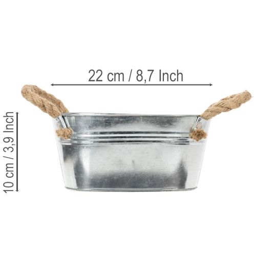 Bol en métal argenté avec anses en corde, hauteur 22 cm, hauteur 10 cm | Floristik24.be